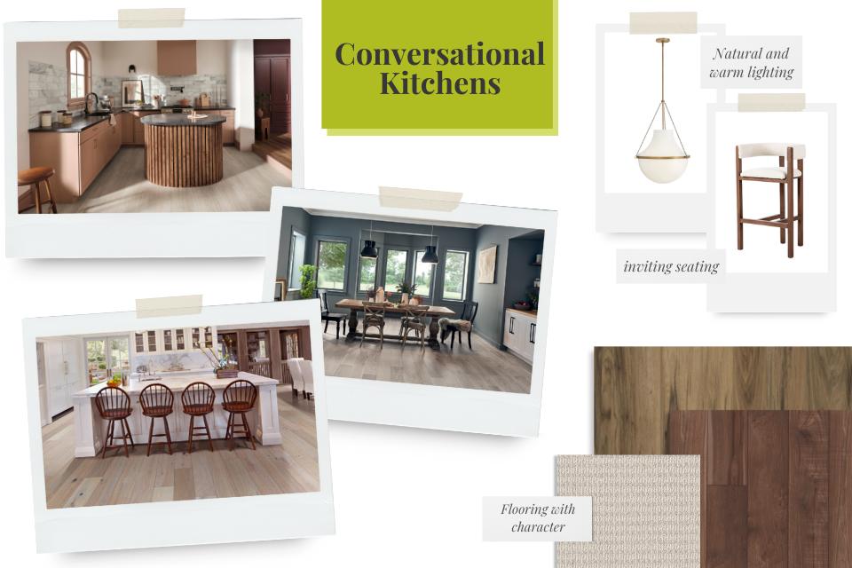 Conversational Kitchens mood board with room scenes featuring flooring inspiration and inviting decor options.